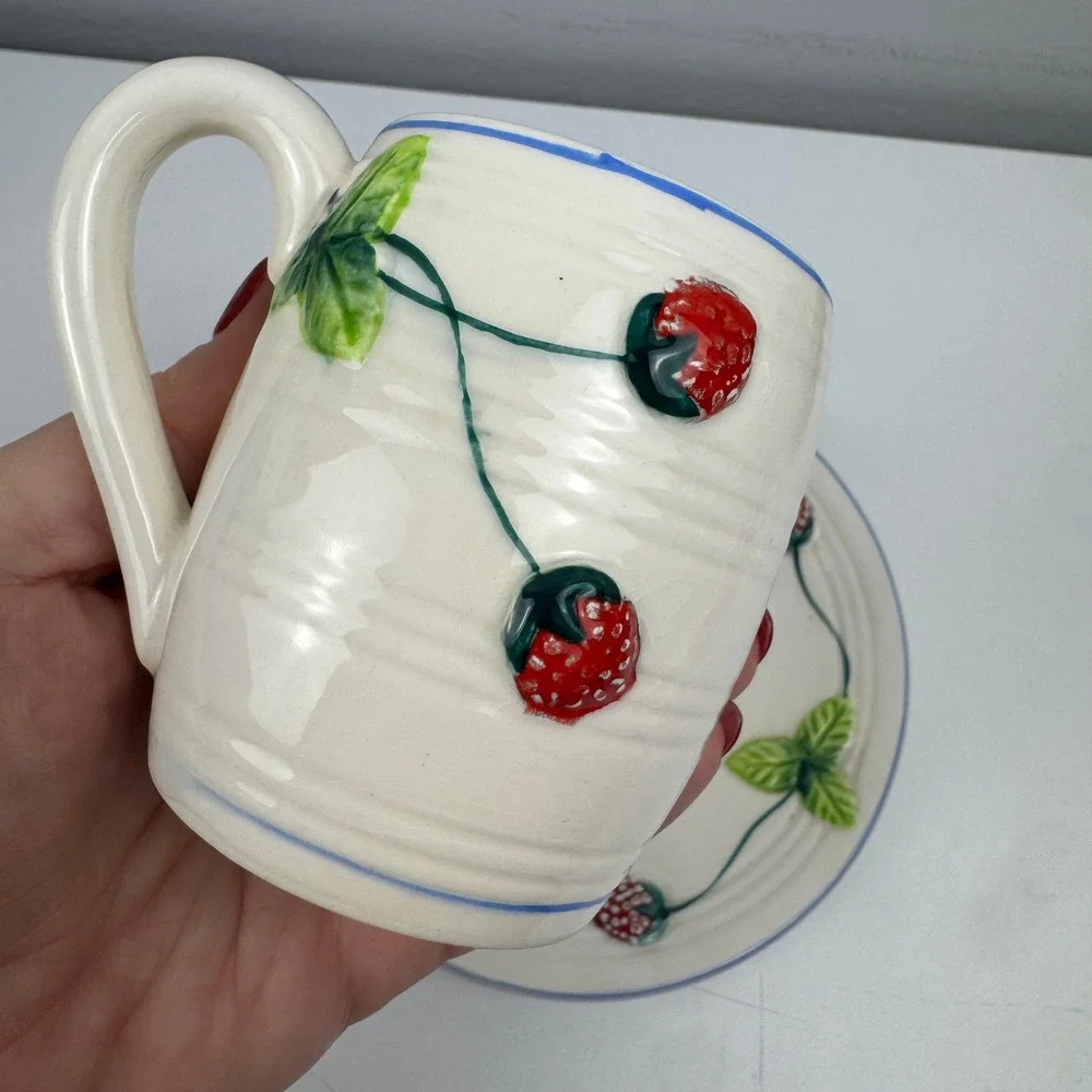 Vtg Strawberry Cup Saucer Ceramic Coffee Tea‎ Set Berry Cottagecore Kitchen